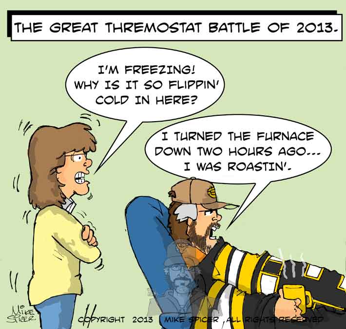 Mike Spicer Cartoonist / Caricaturist. The Great Thermostat Battle 2013.