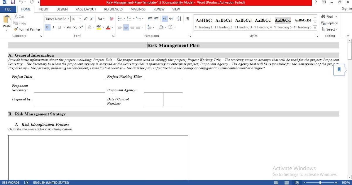 Risk Management Plan Template Document Engineering Management