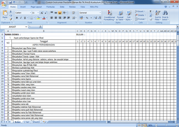 Contoh Instrumen Penilaian Harian RA TK PAUD Kurikulum