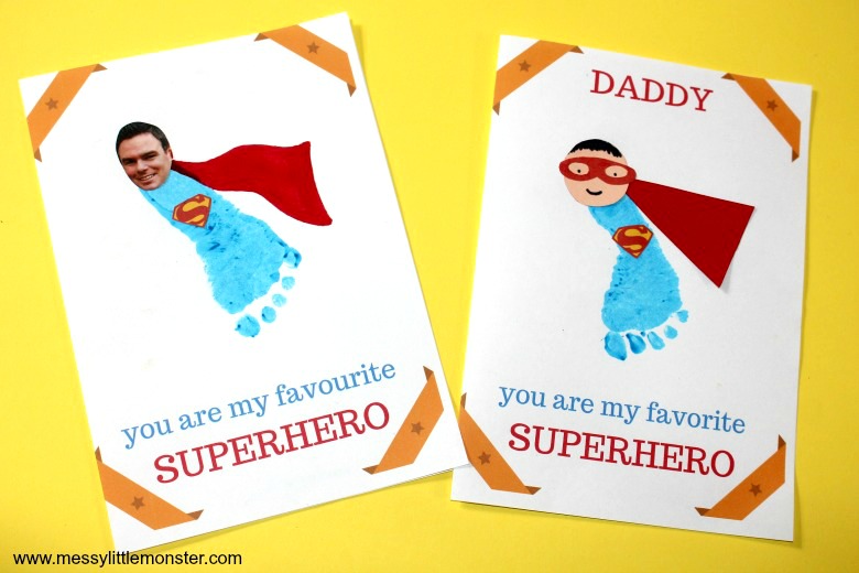 Printable footprint Superhero Father's Day Card for kids to make