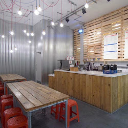 restaurant interior kitchen street grab thai simple metal corrugated sheet wall joy cafe dezeen minimalis space decor canteen panels wood
