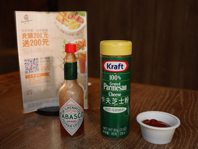 Tabasco sauce, Kraft grated parmesan cheese, and ketchup