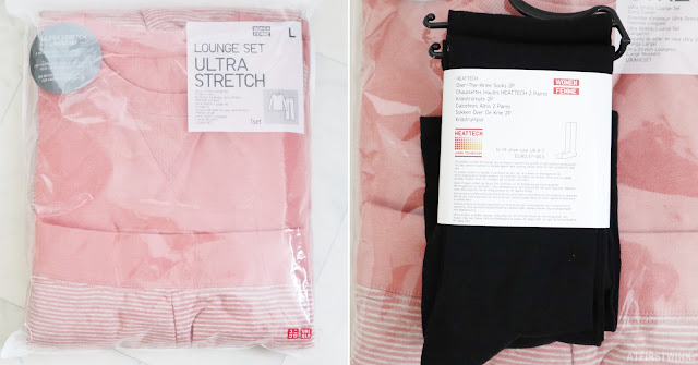 Uniqlo pink  ultra stretch lounge set over knee socks black