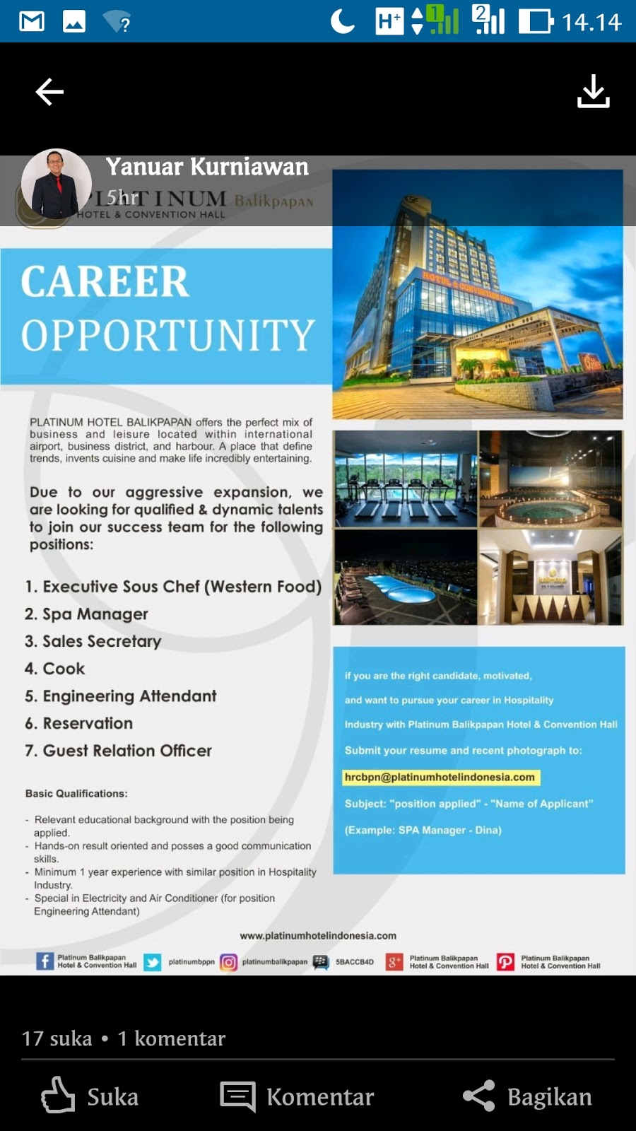 Lowongan Kerja Platinum Hotel Dan Convention Hall Balikpapan Lowongan Kerja Hotel
