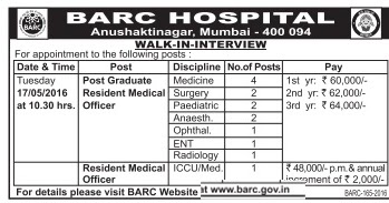 Barc Hospital Recruitment 2016 16 Resident Medical Officer Posts