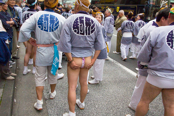 A fundoshi (traditional Japanese underwear) on display at the Sanja Matsuri, 2016. A view from behind of a fundoshi at the Sanja Matsuri, 2016, Asakusa, Tokyo, Japan.