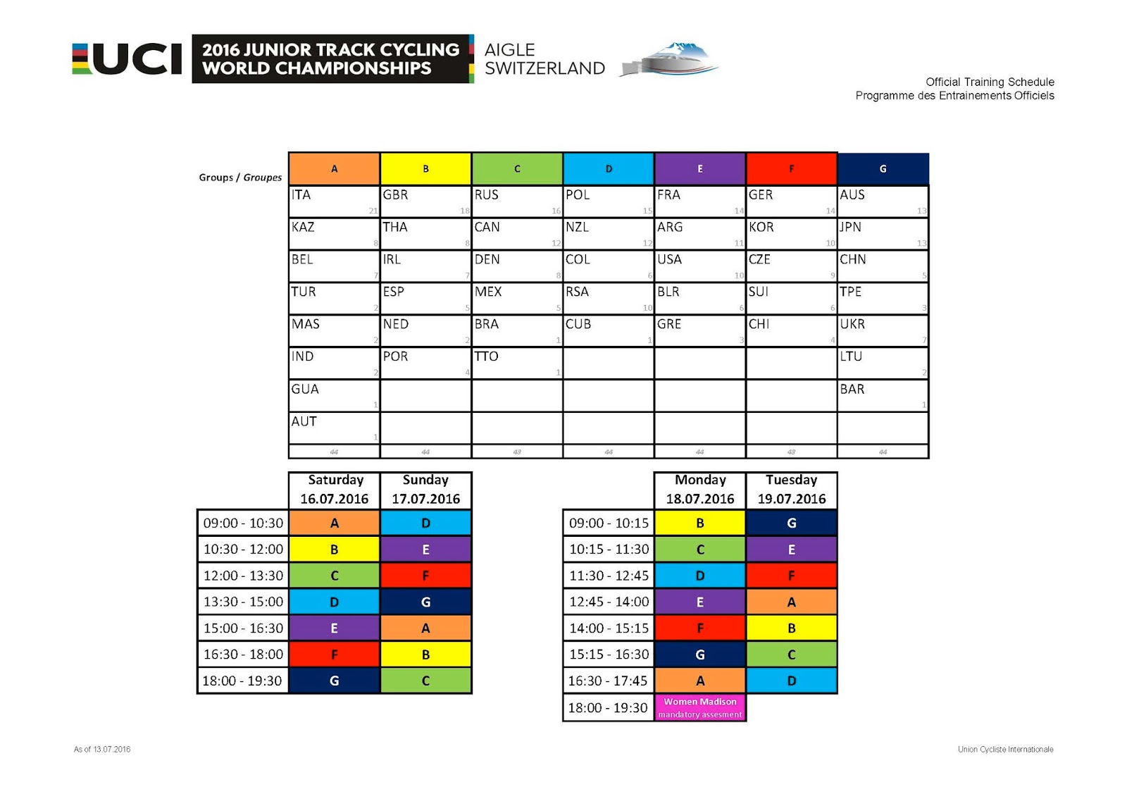 2016 JUNIOR TRACK CYCLING WORLD CHAMPIONSHIPS HORARIOS DE ENTRENO 2016 JUNIOR TRACK CYCLING WORLD CHAMPIONSHIPS HORARIOS DE ENTRENO