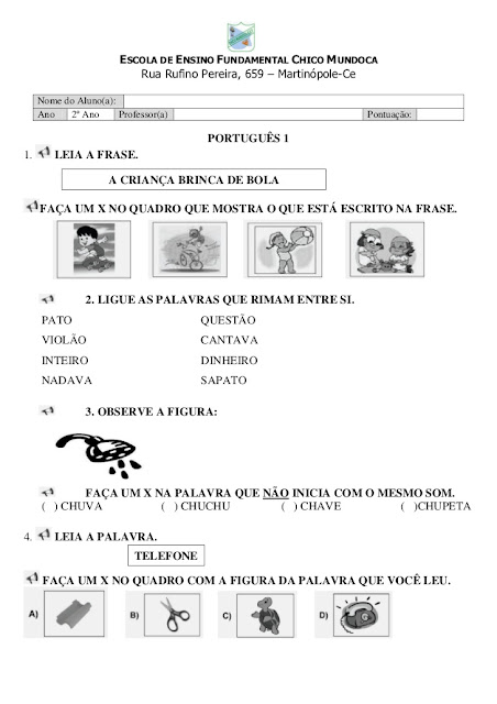 prova de portugues 2 ano ensino fundamental para imprimir