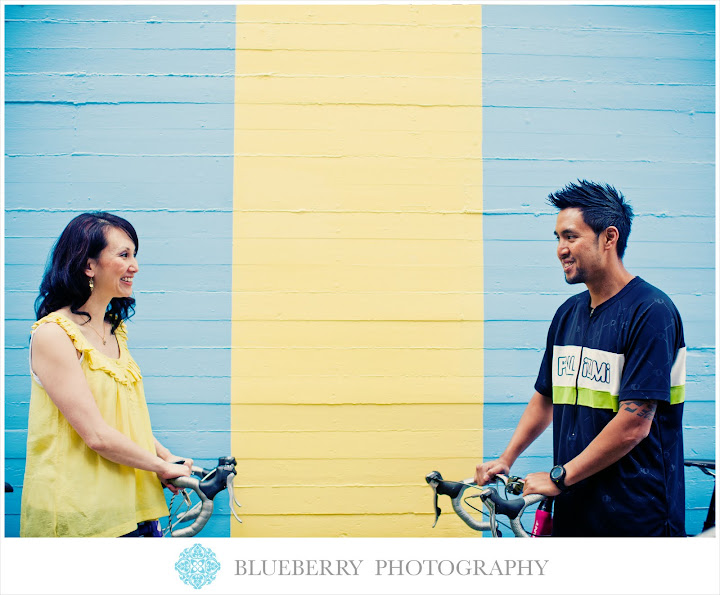 San Francisco hip urban engagement photography with blue yellow graffiti and bikes