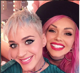 Katy Perry with her makeup stylist, Kandee Johnson in her Ken Lee custom beaver hat