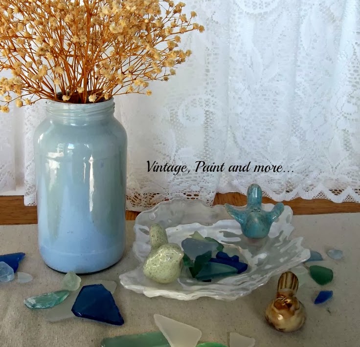 Waiting for Spring - image of birds with beach glass and painted mason jar with statis