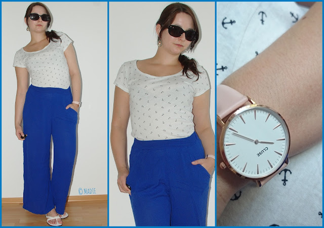 Outfit How to Style Palazzo Pants - I´m anchored: Simple T-Shirt and blue Palazzo Pants