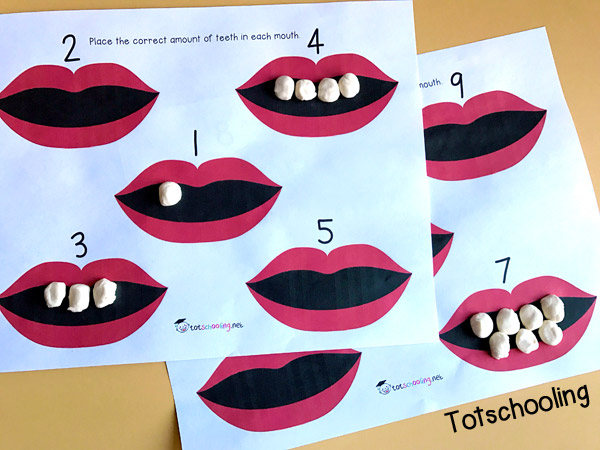 FREE teeth printable games for dental health theme in preschool, featuring number recognition and counting activities.