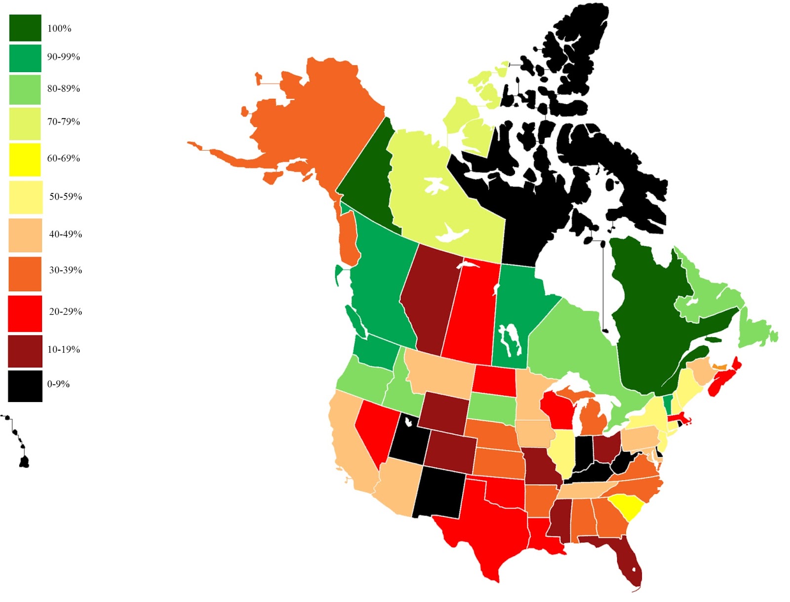 Percentage of CO2 emissions-free electricity generation in North America