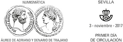 Filatelia - Numismática. Áureo de Adriano y Denario de Trajano - 2017 - Matasellos Primer día de circulación