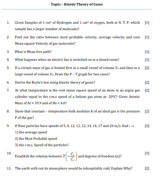 Kinetic Theory  of gases  Test paper,solved test paper,important questions for exam,