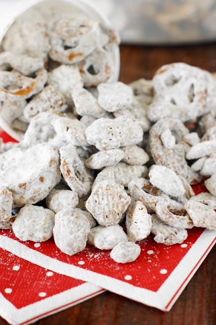 Puppy Chow {or Yuppy Chow} ~ Covered in chocolaty goodness & powdered sugar, it's a classic sweet treat ... perfect for everyday snacking or Christmas gift giving.  Freezer-friendly, too, for make-ahead convenience.   www.thekitchenismyplayground.com