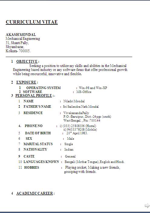 sample resume format for job