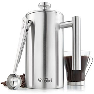 VonShef Double-Wall Keep Warm Satin Brushed Stainless Steel French Press Cafetiere Coffee Filter