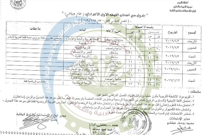جدول امتحانات الصف الأول الإعدادي الترم الأول 2019 محافظة الفيوم