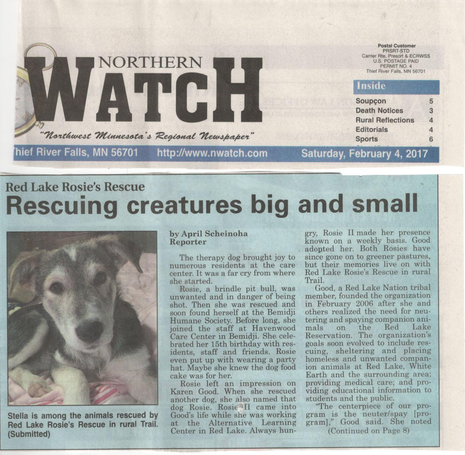 Red Lake Rosie's Rescue RLRR featured in Thief River Falls newspaper