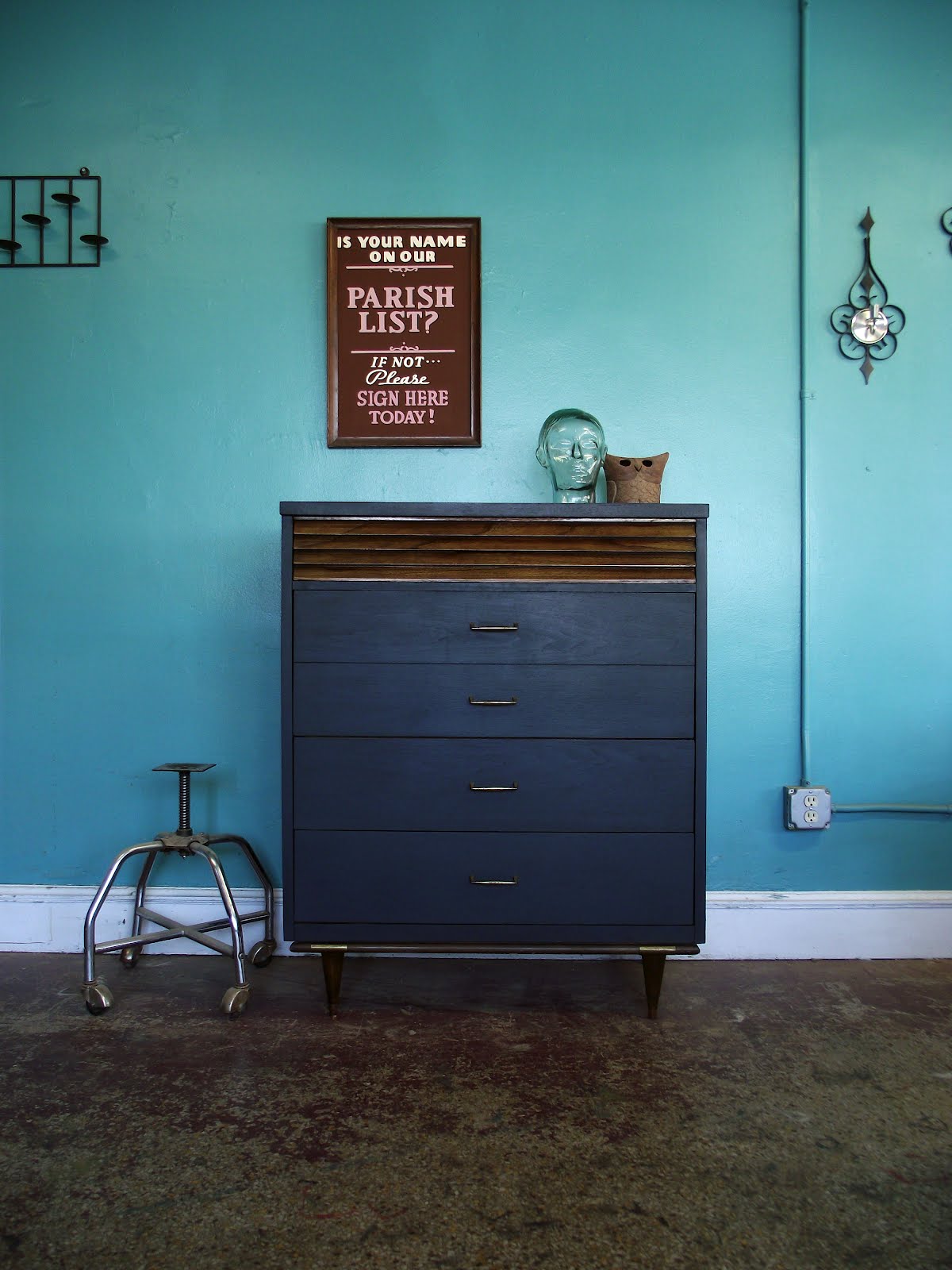 Vintage Ground Mid Century Deep Blue Highboy Dresser