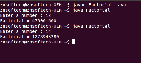 Java code to print factorial of a number using recursion