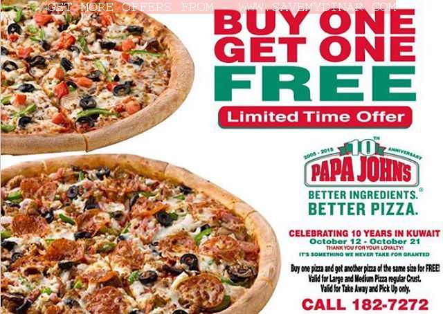 Papa Johns Kuwait - Buy one Get One Free Offer