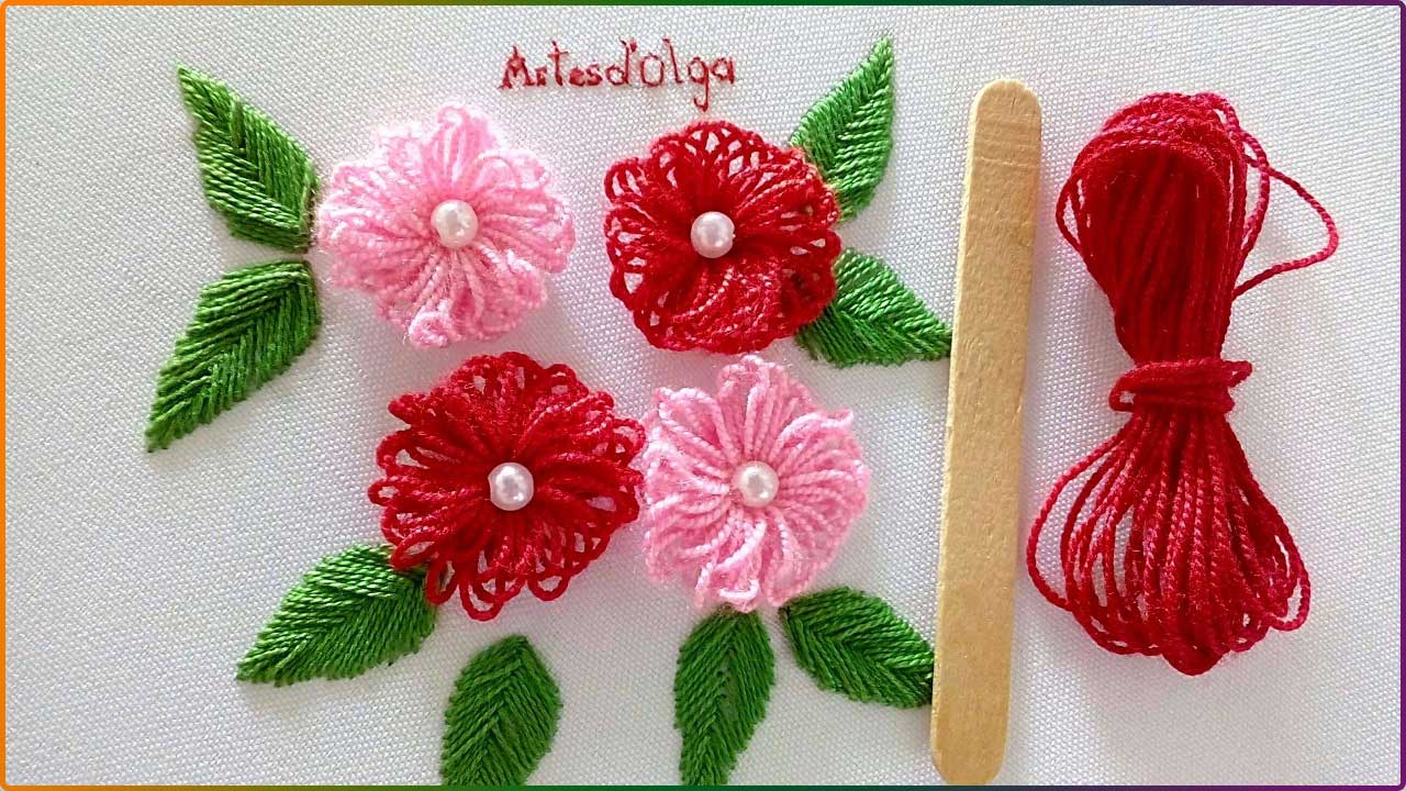 Hand Embroidery: Lazy daisy stitch neck design  Bordado a mano: Cuello con  puntada margarita 