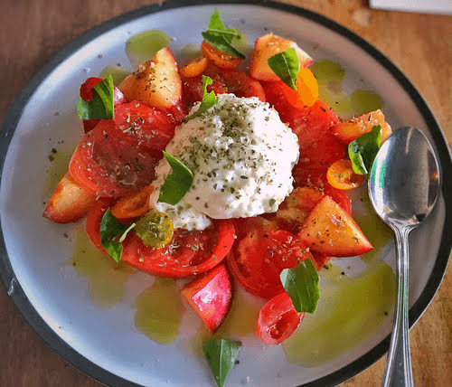 Tomato and Pluot Salad with Burrata and Herbs