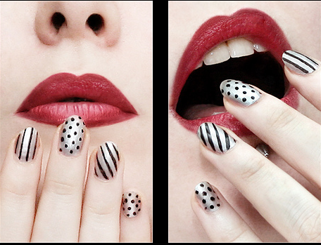 Silver Nail Art with Black Stripes and Dots