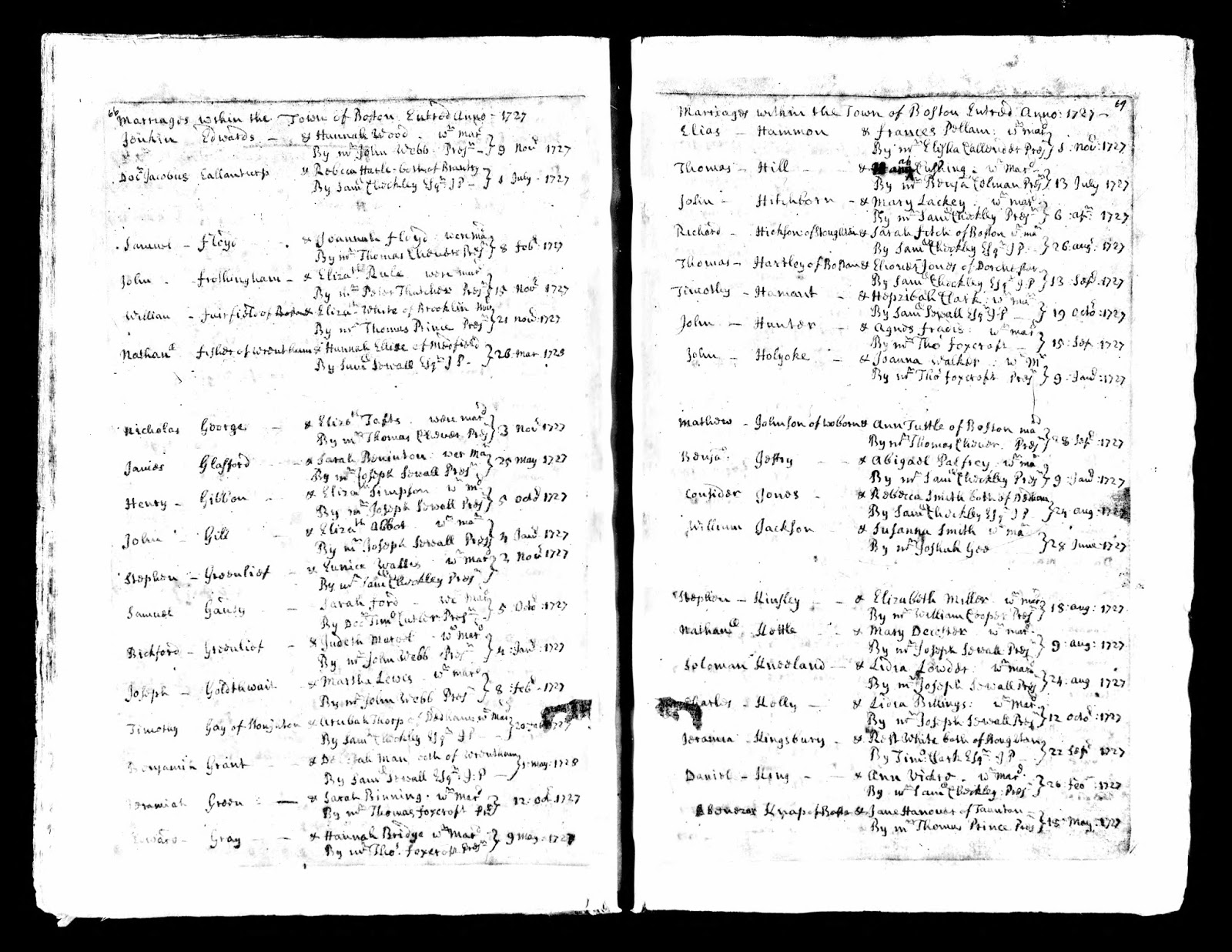 GeneaMusings 1727 Marriage Record of Timothy Hamant and Hepsibah