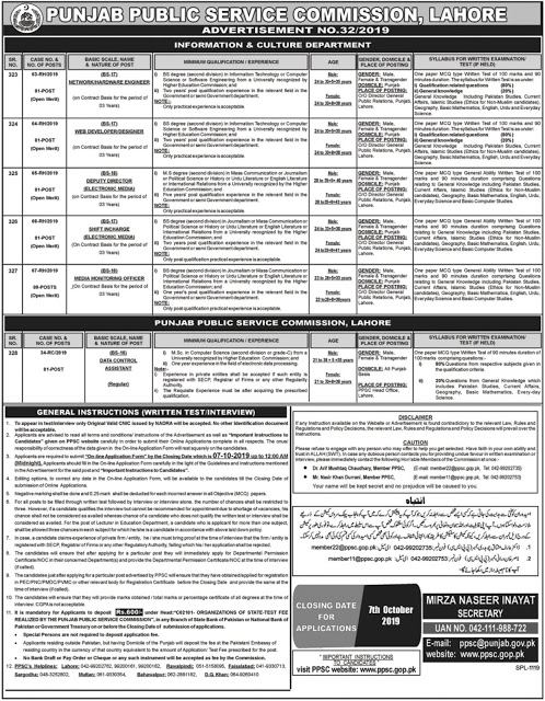 PPSC Jobs 2019 Punjab Public Service Commission Lahore advertisement No.32/2019