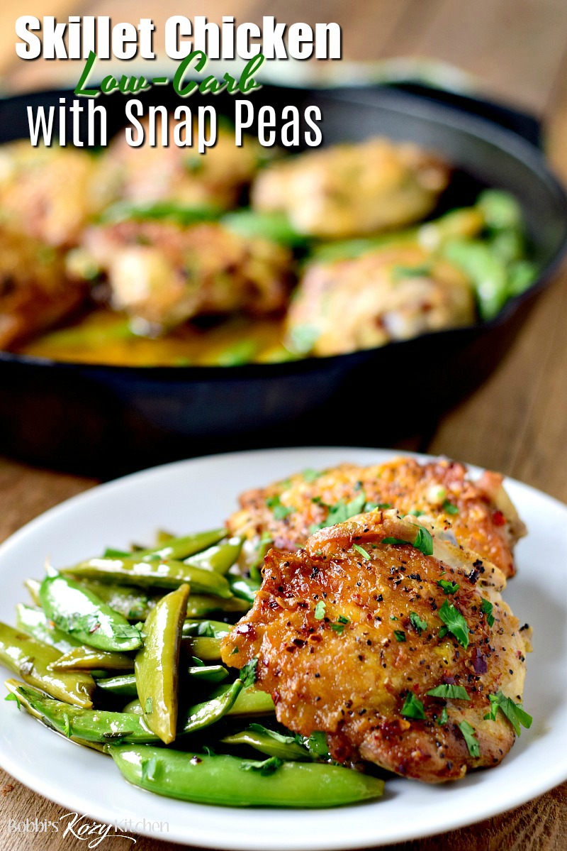 This Skillet Chicken recipe with Snap Peas is an easy 30-minute one-pan meal that is keto friendly, gluten-free, delicious, and won't break the bank. #lowcarb #LCHF #keto #glutenfree #chicken #onepan #onepot #healthy #peas #budget #30minute #easy #recipe | bobbiskozykitchen.com