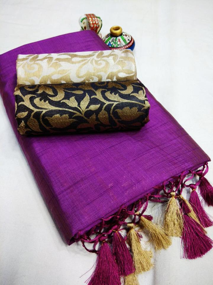Tussar silk saree with kuch lace and chit pallu running blouse