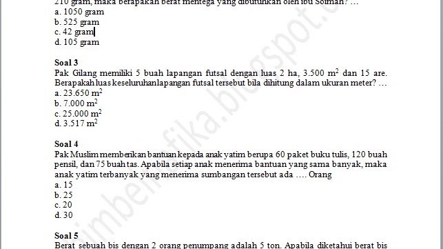 Soal Cerita Matematika Kelas 6