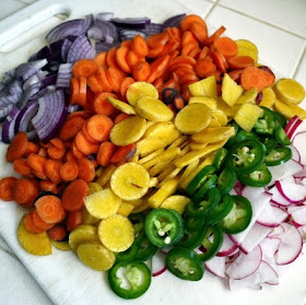 carrots jalapenos red onion and radish ready for pickling