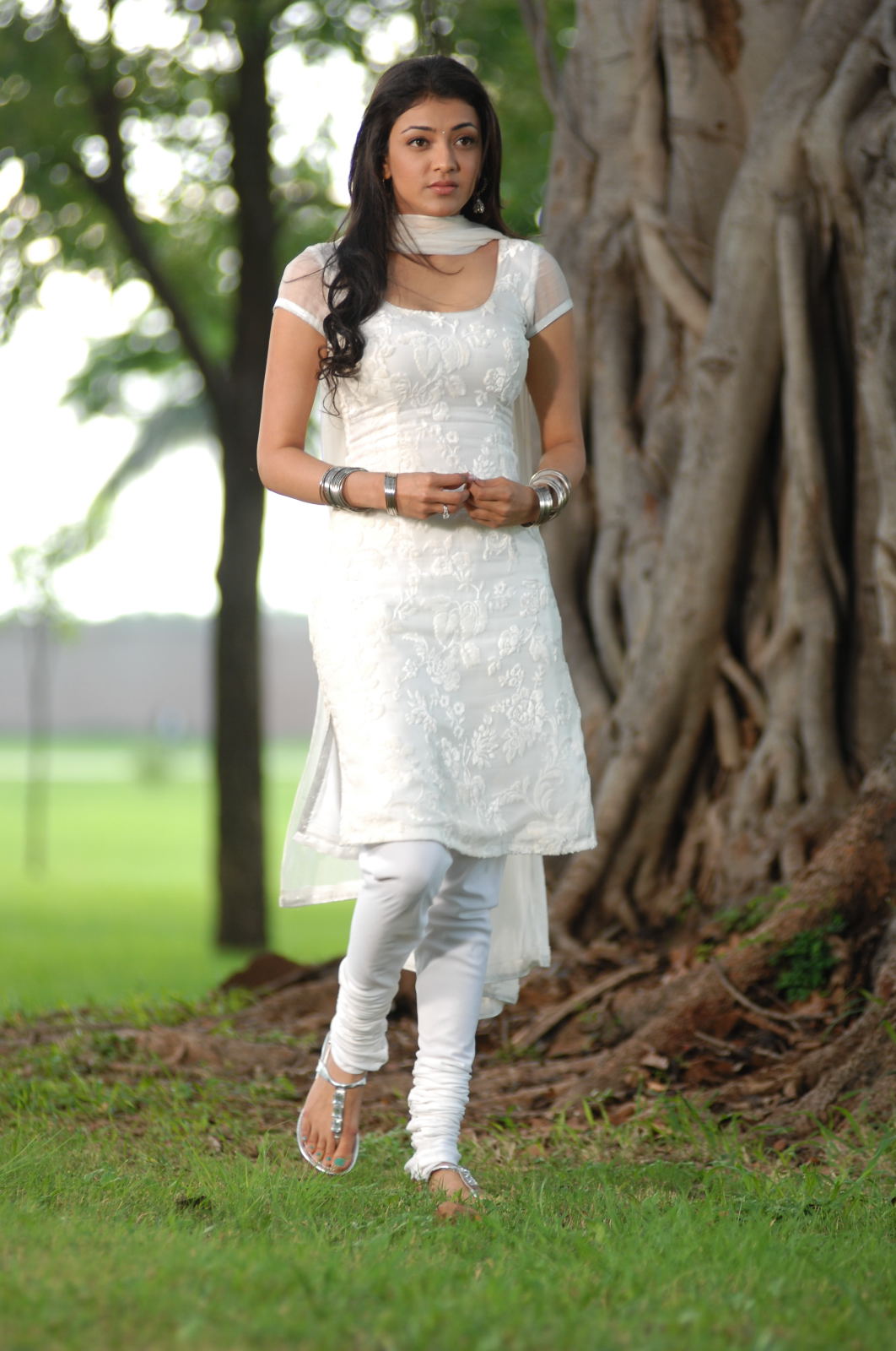 Kajal Aggarwal Sad Face Photos In White Dress
