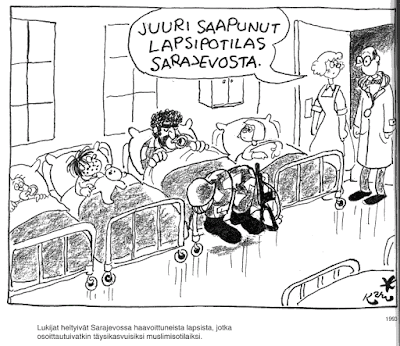Kari Suomalaisen pilapiirros loukkaantuneesta ns lapsisotilaasta