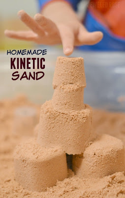Homemade kinetic sand- Squishy, mold-able, & lots of fun!  Why waste your money on the store bought stuff when you can easily make this recipe at home!