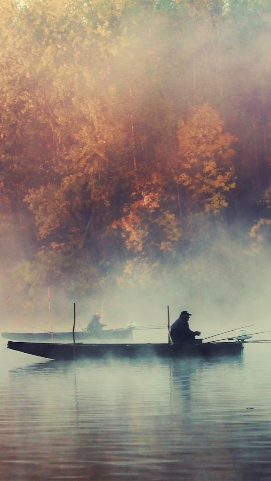 Fishing Boat Foggy Lake Autumn Landscape  Galaxy Note HD Wallpaper