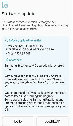 Android Oreo update Galaxy Note 8
