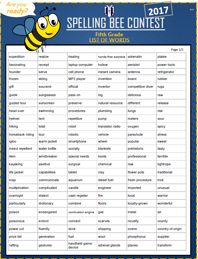 5o. y 3er grado Inglés LISTA DE PALABRAS SPELLING BEE QUINTO GRADO