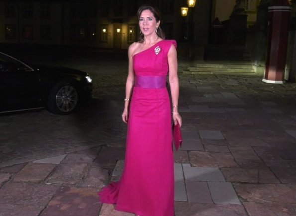 Crown Princess Mary wore David Andersen gown, carried Carlend Copenhagen clutch. Princess Marie wore Bally shoes