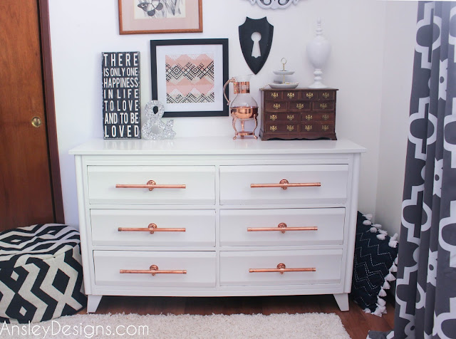 Painted white dresser with DIY copper drawer pulls!
