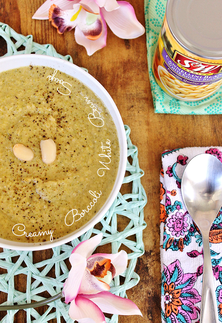 The secret ingredient to this creamy dairy free (Vegan) Broccoli White Bean Soup is delicious #SWBeans. #Sponsored