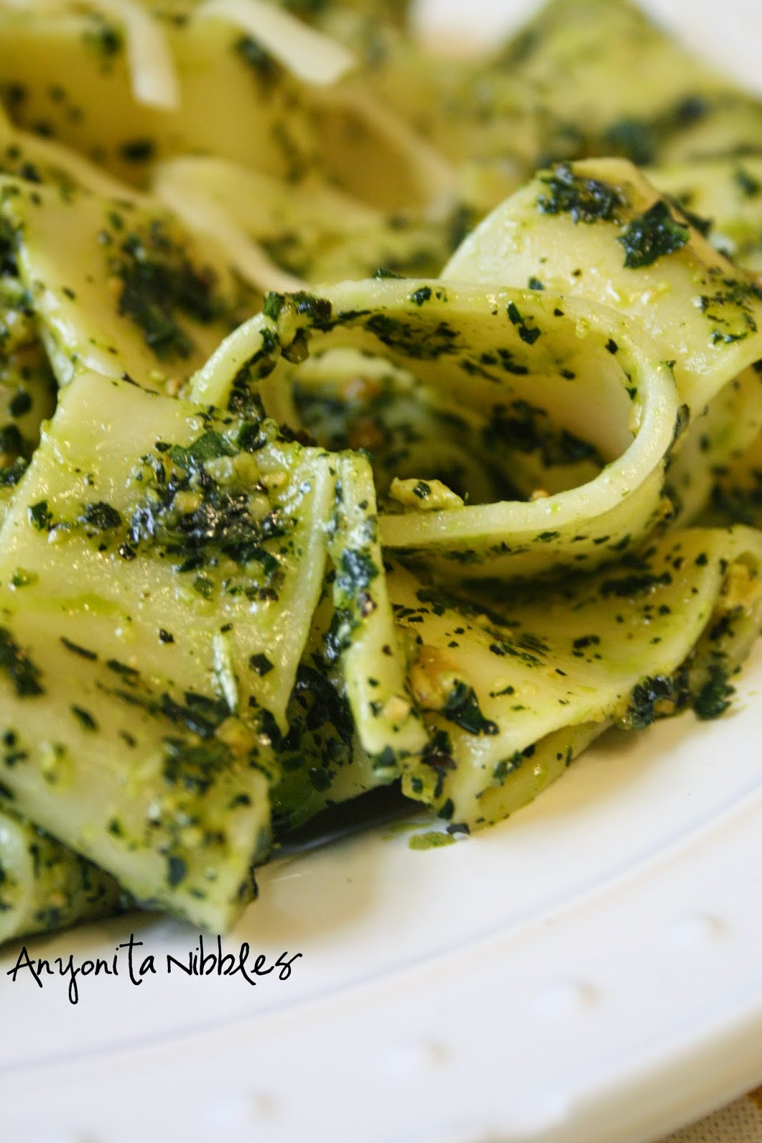 The slighty chunky texture of the kale and cashew pesto adds texture to a plate of soft pasta.