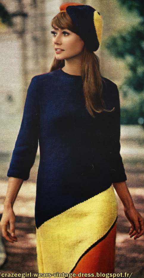 Striped knit dress  pattern - 1967 60s 1960s 1960 années 60 mod yeye twiggy navy blue yellow orange red beret hat