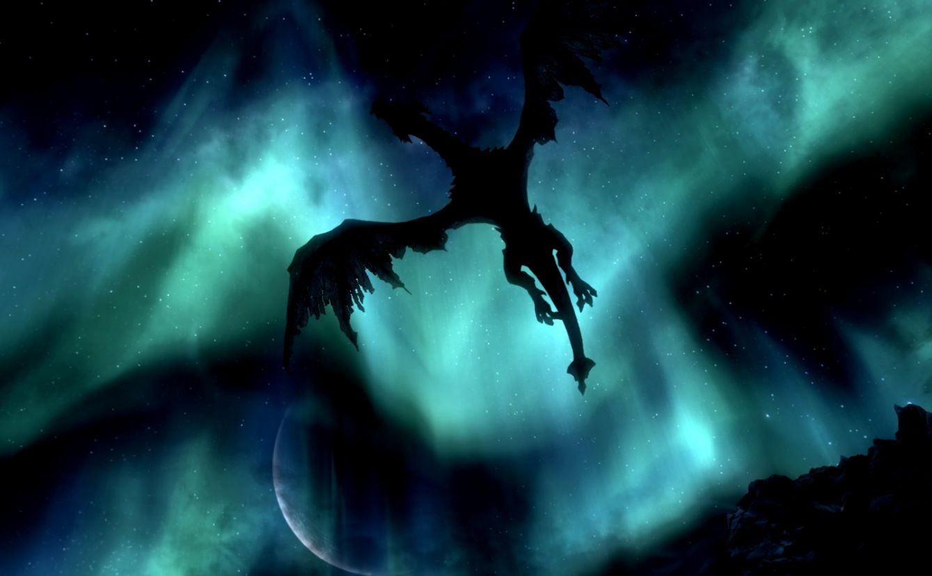 The Elder Scrolls Skyrim Paarthurnax Moon Night Dragon Aurora
