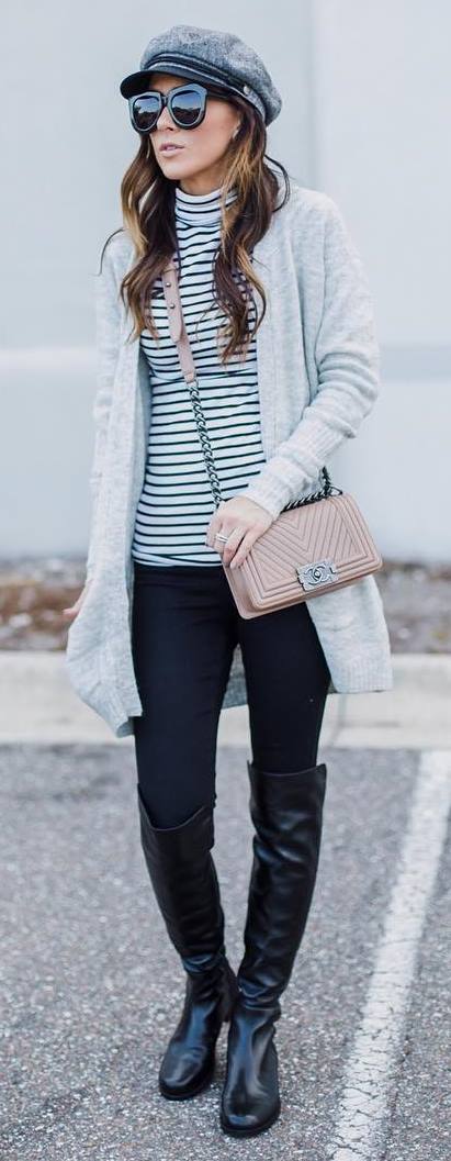 how to style a grey cardigan : stripped top + hat + bag + black skinnies + over knee boots